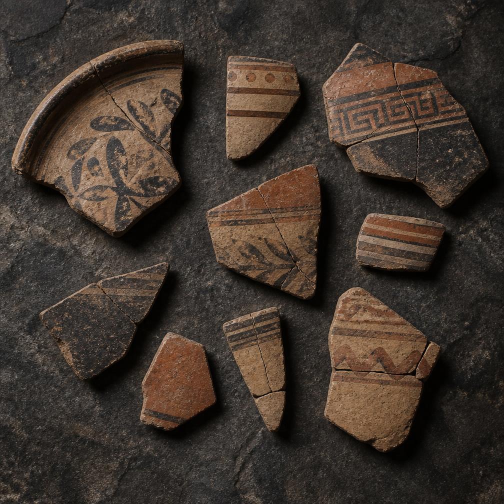 Fragmentos antiguos de cerámica sobre piedra oscura